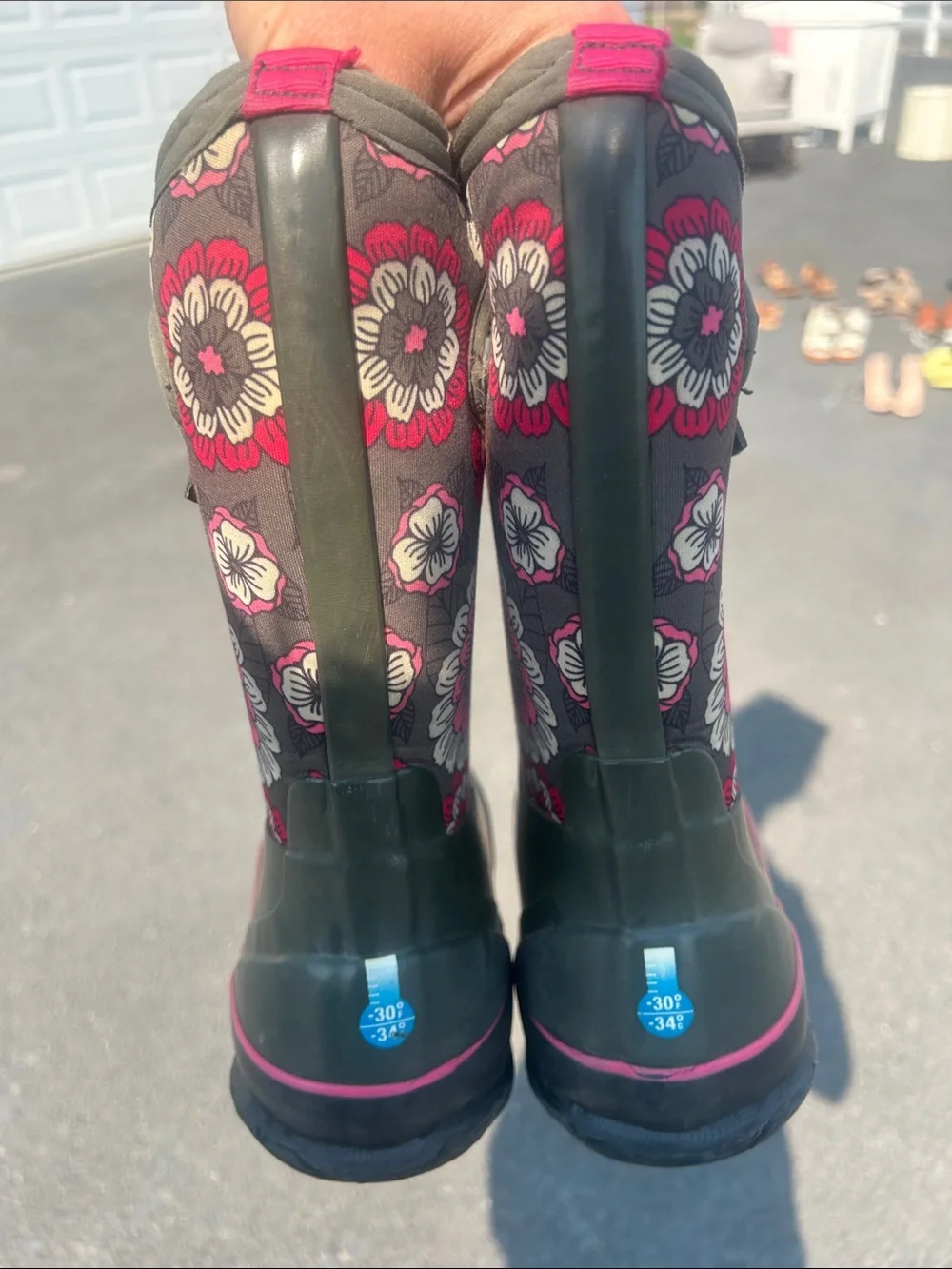 Bogs Olive Green and grey Rain Boots with Pink Floral Shaft